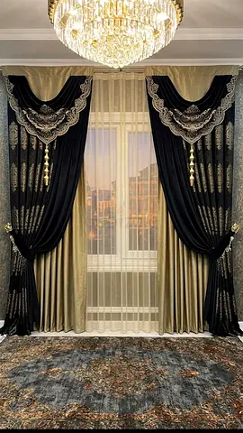 Elegant Black & Gold Layered Curtains with Valance — Ready to Install