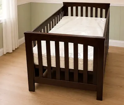 Dark Wood Convertible Baby Crib - Solid Slatted Design, Good Condition