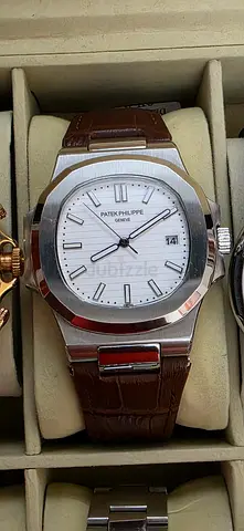 Stainless Steel Men's Watch with Brown Leather Strap - Classic White Dial