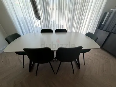 Home centre white rectangle table and 6 green chairs