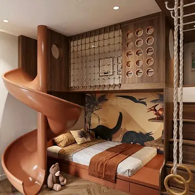 Kids indoor playroom bed with spiral slide and climbing features