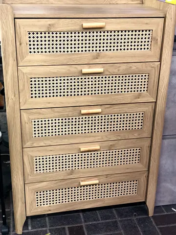 Wooden 5-Drawer Dresser with Woven Cane Fronts