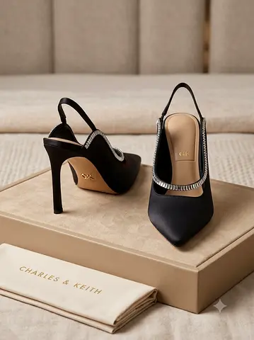 Charles & Keith Black Satin Slingback Heels with Crystal Trim - Size 40