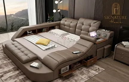 Modern multifunctional leather king-size bed with storage and built-in speakers