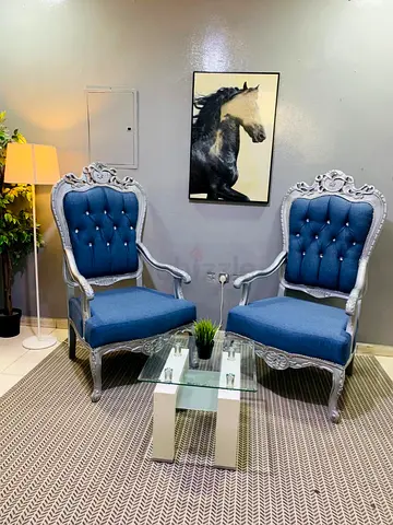 Pair of Classic Blue Upholstered Accent Chairs with Silver Trim
