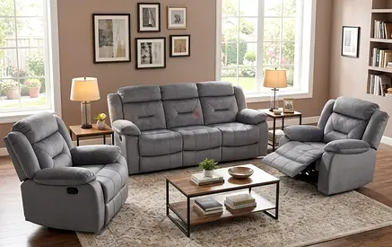 3-piece grey fabric reclining sofa set with armchairs (good condition)