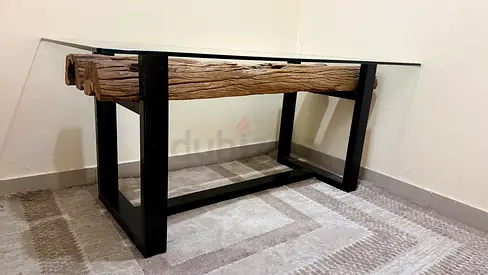Glass Top Coffee Table with Reclaimed metal Beam Base