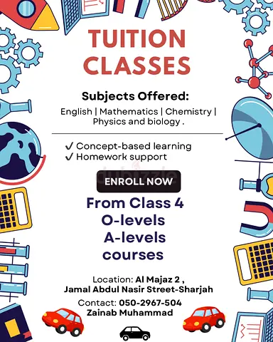 Tuition Classes Flyer - English, Math, Chemistry, Physics & Biology (Sharjah) Please contact