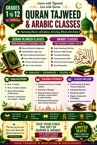 Certified Lady Teacher for Quran Tajweed & Arabic Classes (Grades 1–12) – Al Majaz 3