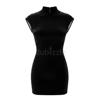 Velvet Black Open Back Mini Dress with Stand Collar, Size XS/S