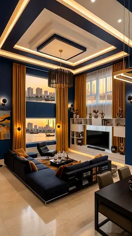 Modern navy blue sectional sofa with built-in shelving (living room set)