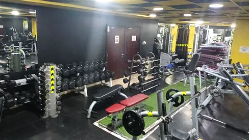 Gym free weights set with benches and barbell rack - used commercial gym equipment