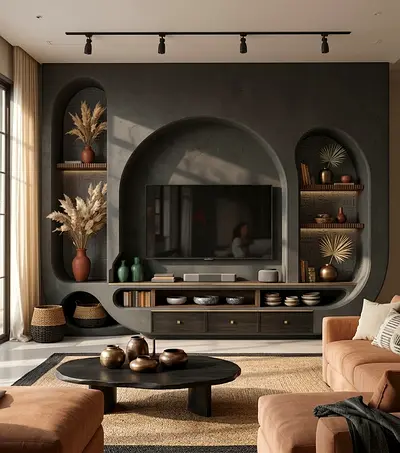 Built-in Arched Entertainment Unit with Shelving - Dark Finish