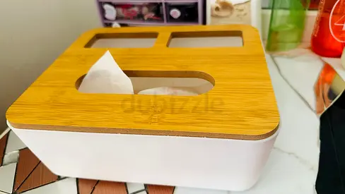 Modern Tissue Box Holder with Bamboo Lid and Organizer Compartments