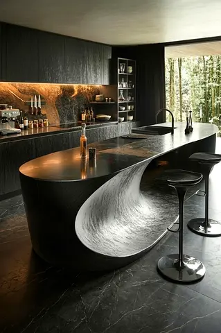 Modern Sculpted Black Marble Kitchen Island with Integrated Seating