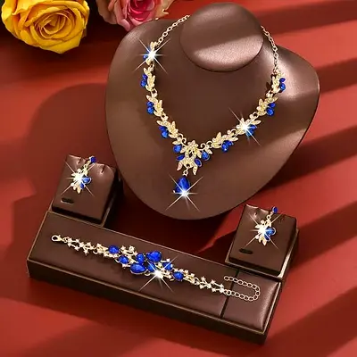 3 Pcs Luxury Blue Jewelry Three-Piece Set: Teardrop Pendant Necklace + Bracelet + Earrings, Women's