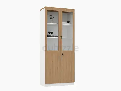 Slim Tall Storage Cabinet with Glass Doors — Oak Finish
