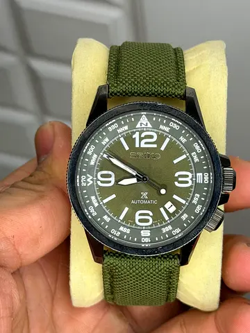 Seiko Prospex Land automatic watch featuring a distinctive military-green dial