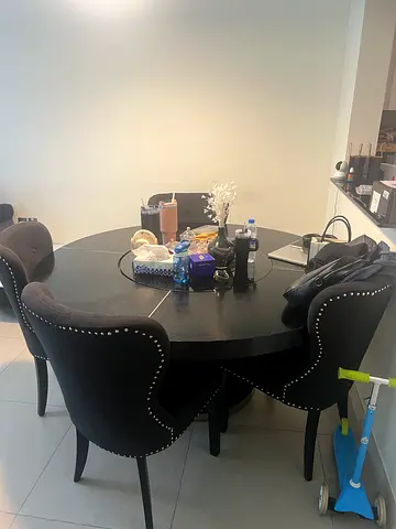 Round Glass-Top Dining Table with 4 Velvet Studded Chairs