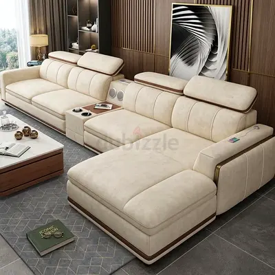 Large Cream L-Shaped Sectional Sofa with Chaise and Built-in Console