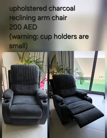Charcoal upholstered reclining armchair with cup holders - 200 AED