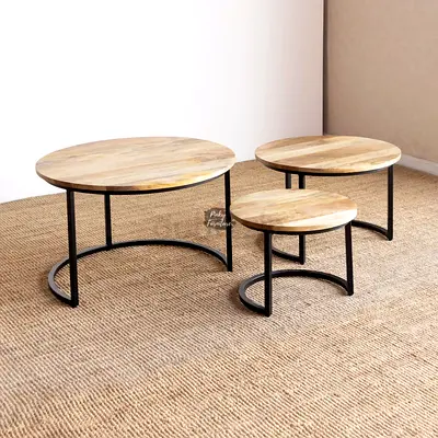 Solid Mango Wood Set of 3 Round Wooden Nesting Coffee Tables with Black Metal Legs