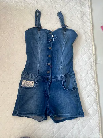 brand new Denim button-up romper with lace pocket detail, size unknown