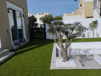 Garden outdoor with artificial grass, planter box and mature olive tree