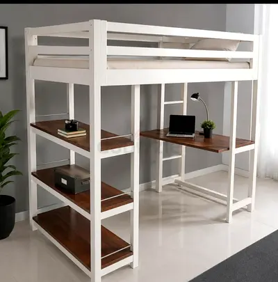 White Wooden Loft Bed with Built-in Desk and Shelves