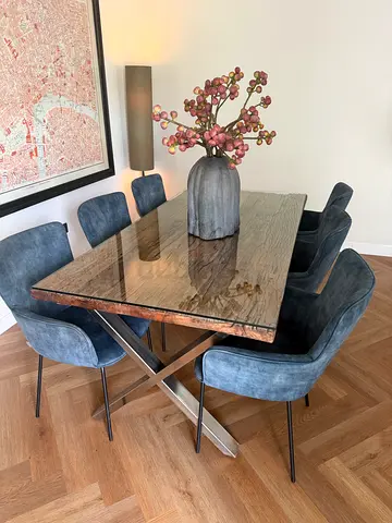 Modern wooden dining table with 6 Marina Home upholstered chairs