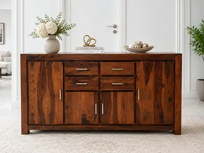 Marina Solid Sheesham Wood Sideboard Cabinet with Drawers and Doors