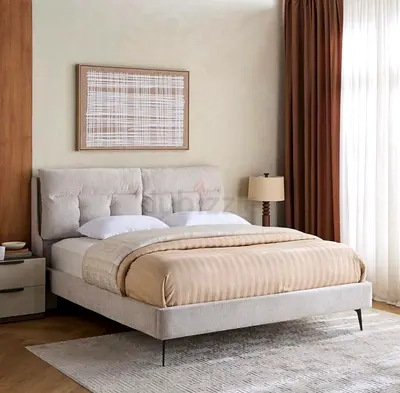 Light Grey Upholstered Double Bed with Padded Headboard