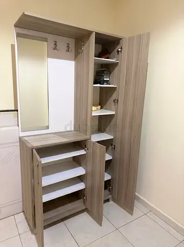 Light wood hallway wardrobe with mirror and multiple shelves home box shoes box