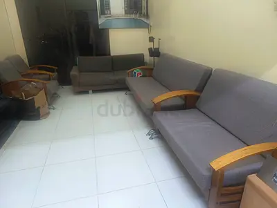 Set of 3 Grey Fabric Sofas with Wooden Armrests - Good Condition