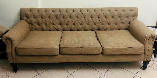 3 Seater Tufted Fabric Teak Wood Sofa in Beige Excellent Condition