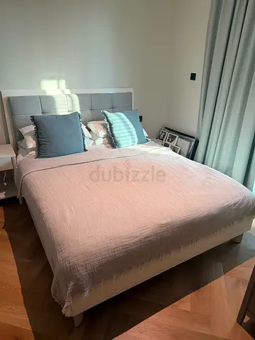 Queen upholstered bed frame with headboard - light grey and Mattress bought in Home Center