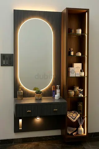Wall-mounted vanity console with illuminated mirror and tall storage unit