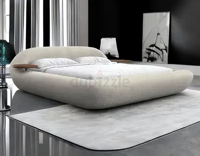 New Modern low-profile upholstered bed with rounded headboard - cream, king size