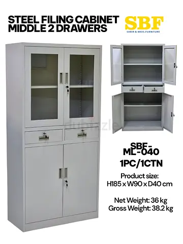 Steel Filing Cabinet - 2 Drawer Middle, Glass Top Doors, Lockable (H185 x W90 x D40 cm)