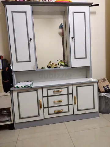 White and grey wooden wardrobe cabinet with mirror - good condition