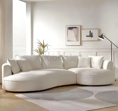 Curved White Bouclé 5-Seater Sofa - Modern Left Sectional