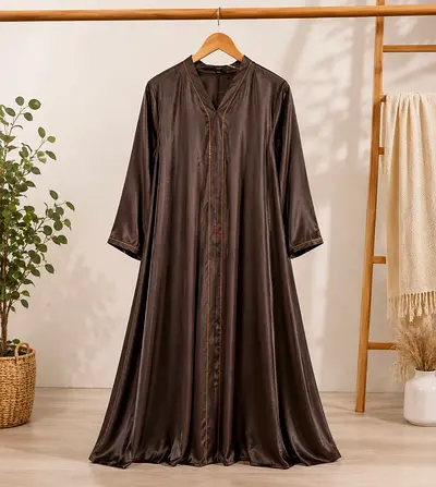 2 Brown traditional abayas / open-front dress with gold trim and full close trendy abaya