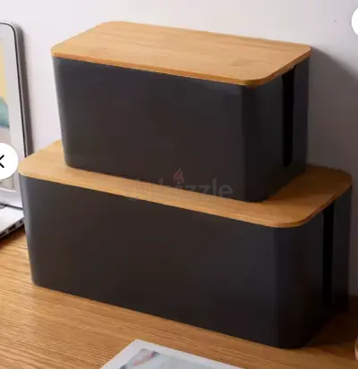 جديد بالكرتون | Set of 2 Black Cable Management Boxes with Wooden Lid cable organizerلكل من يبحث عن