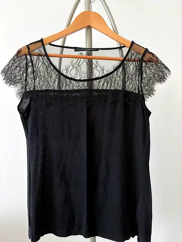 Black lace-trim sleeveless blouse, elegant casual top