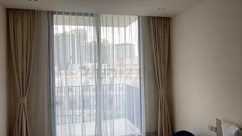 Beige/faint yellow floor-to-ceiling curtains with sheer panels - set (ready to install)