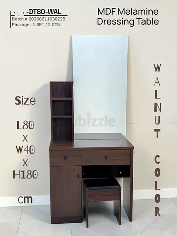 Walnut MDF Melamine Dressing Table with Mirror and Stool - L80 x W40 x H180 cm