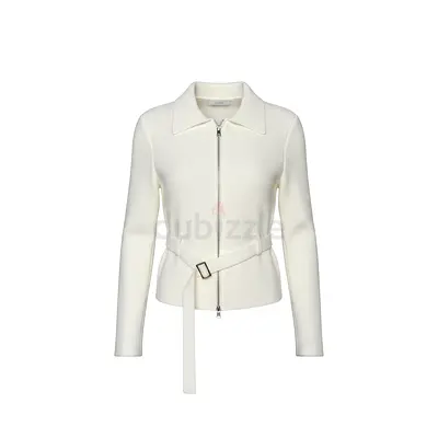 White zip-front belted women's jacket - size S, gently used