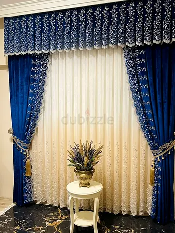 Blue velvet curtains set with embroidered valance and sheer lace inner curtains