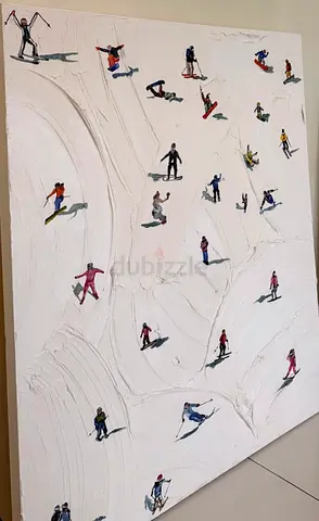 Hand-Painted Oil Painting – Skiers on a Snowy Mountain