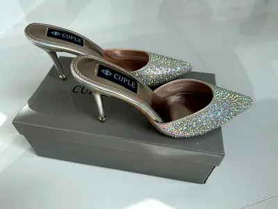 Cuplé sparkly silver pointed mule heels